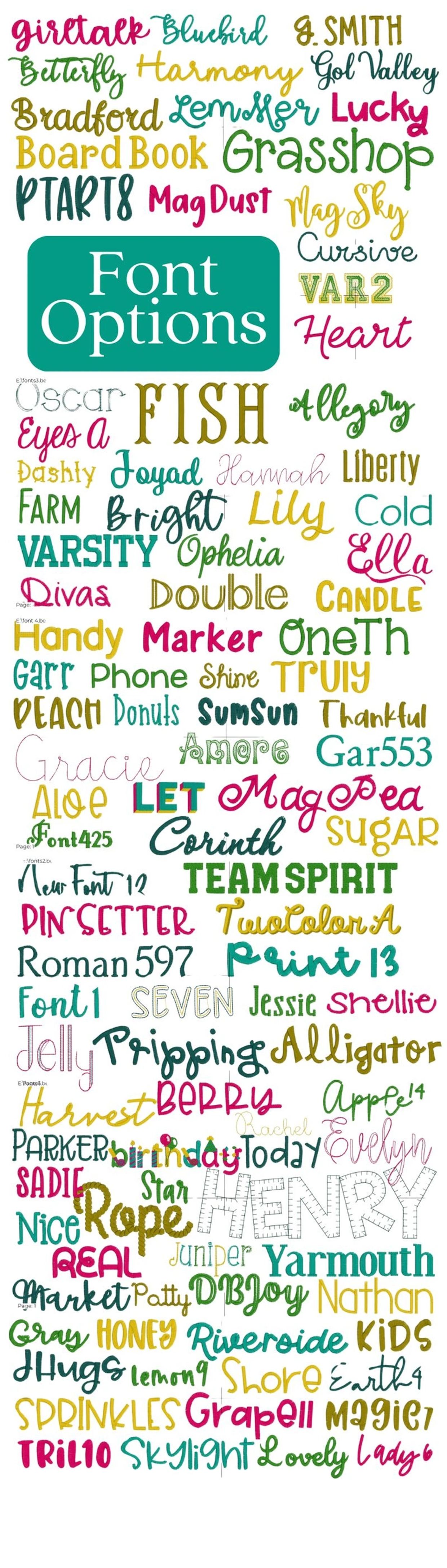 Colorful display of various font options in different styles and colors.