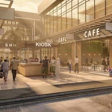 Modern outdoor shopping area with shops, kiosks, and a café bustling with people.
