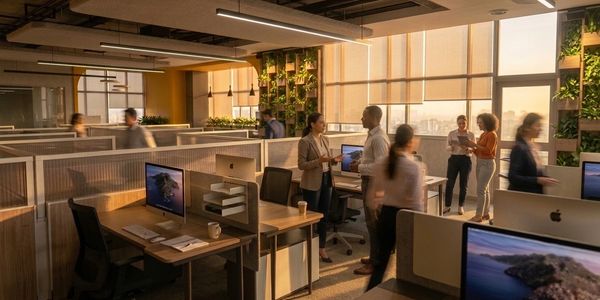 Modern office with people collaborating and working at desks.