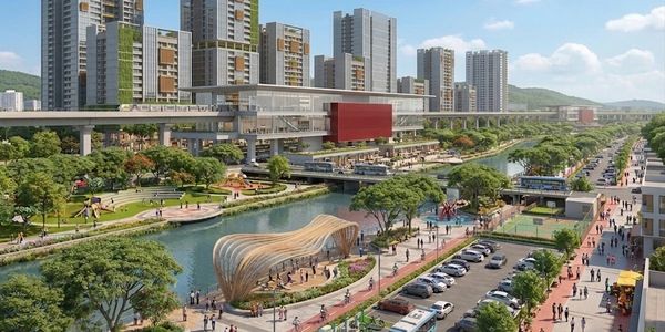 Modern urban park with high-rise buildings and a riverwalk.