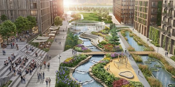 Urban park with water features and greenery between modern buildings.