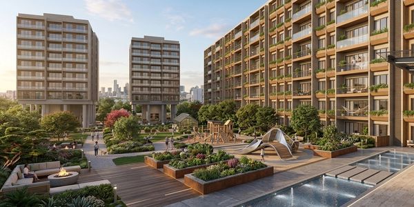 Modern residential complex with lush gardens and recreational areas.