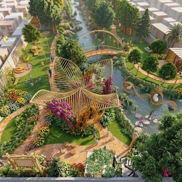 A vibrant garden park with unique flower-shaped structures and lush greenery.