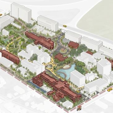 3D architectural model of a residential complex with green spaces and water features.