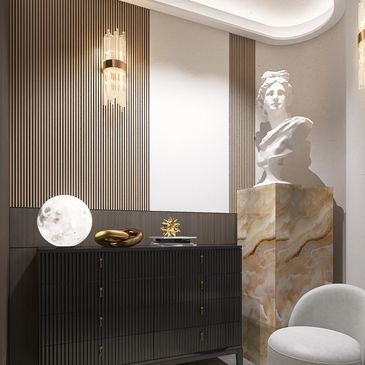 Eleganter Raum mit Skulptur und modernen Dekorationen.