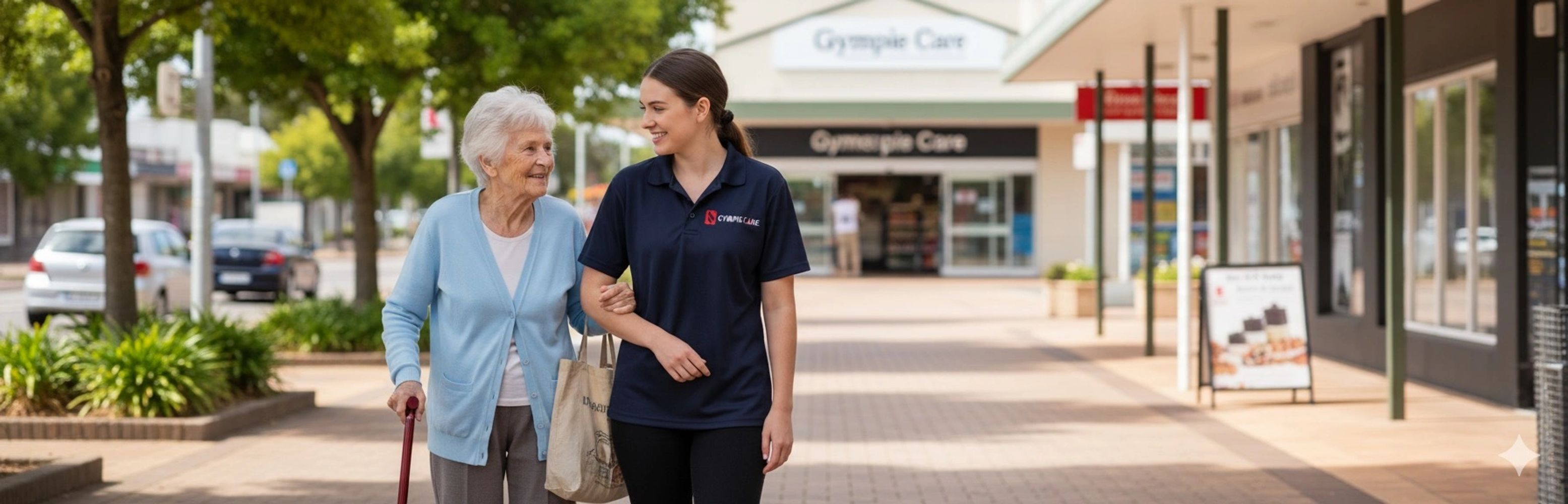 A caregiver and elderly woman walking arm in arm outside a care facility.