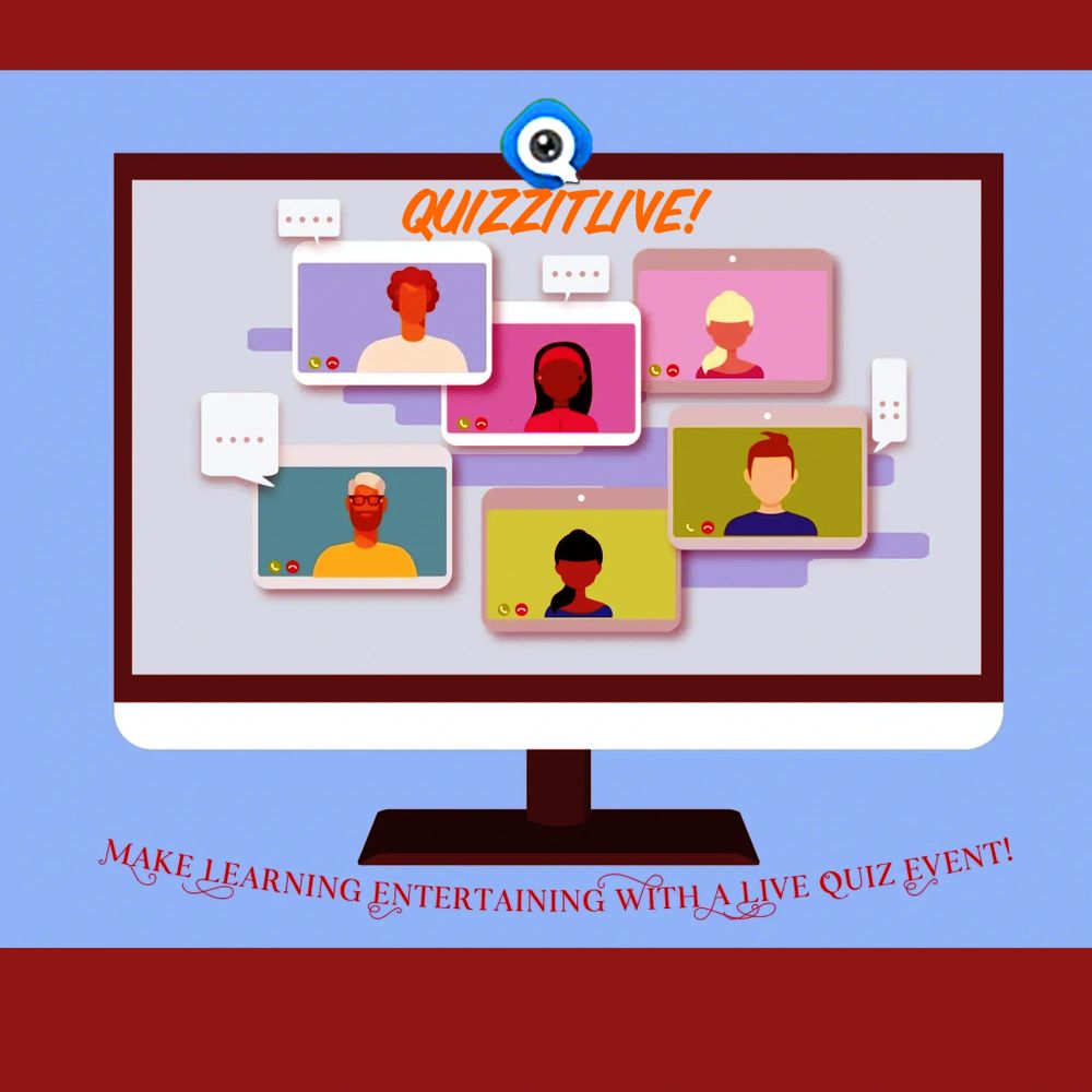 Illustration of a live online quiz event on a computer screen with diverse participants.