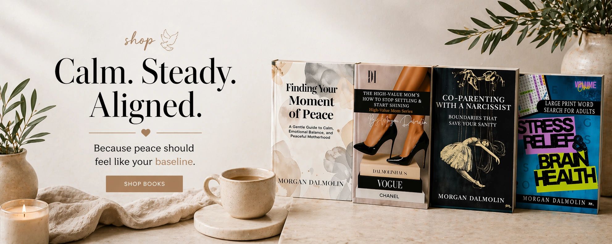 Books on calmness, emotional balance, parenting, and brain health displayed with cozy decor.