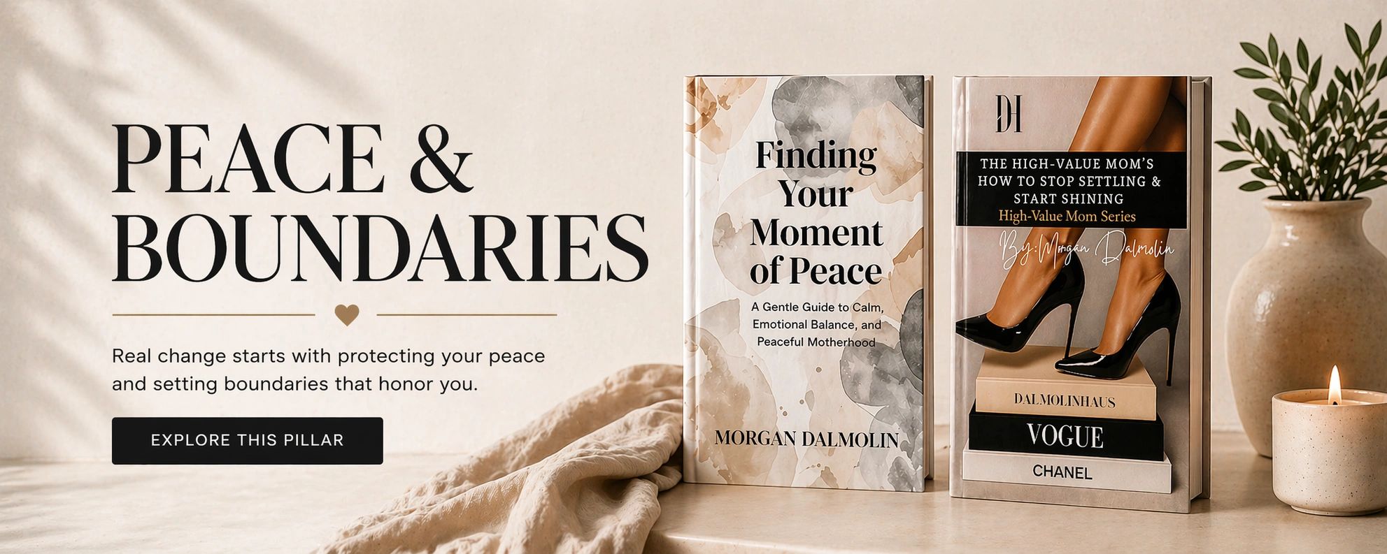 Books on peace, boundaries, and empowered motherhood displayed with cozy decor.