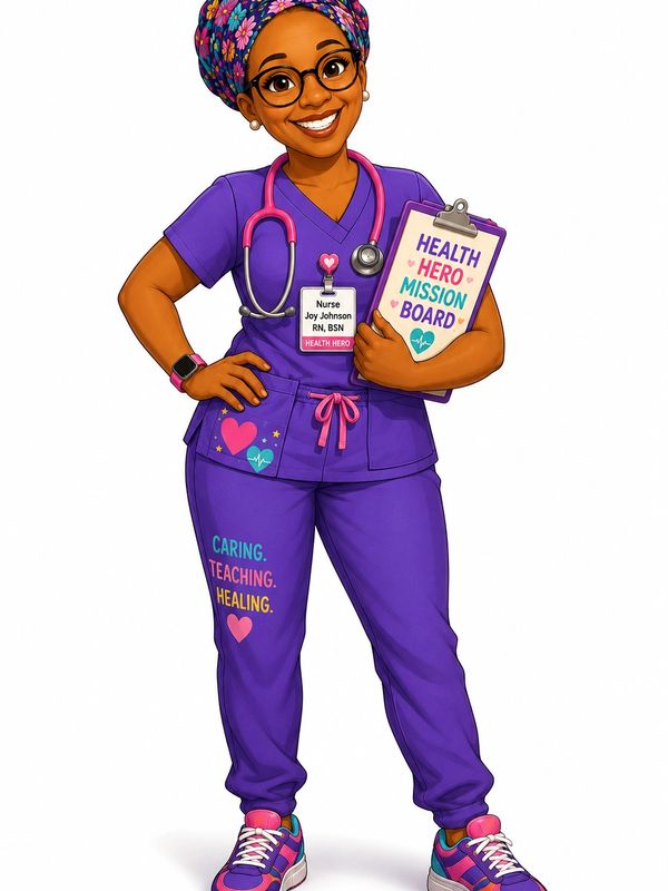 Illustration of a smiling nurse in purple scrubs holding a health mission clipboard.