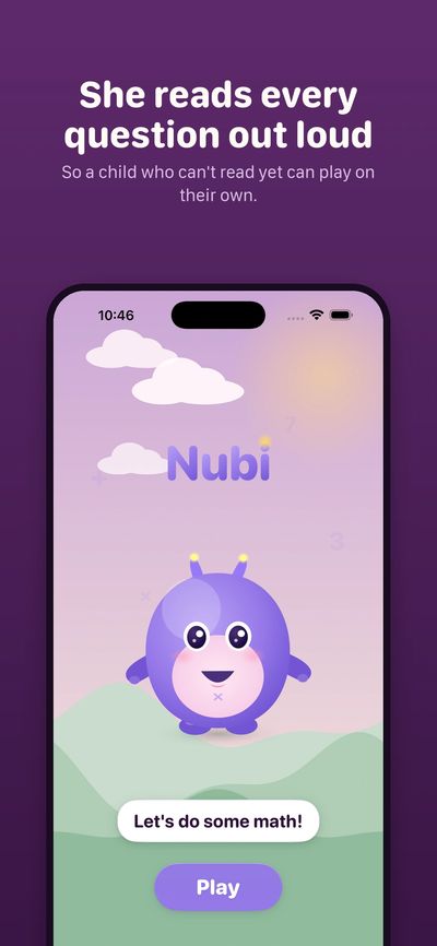 The Nubi app's welcome screen on an iPhone, captioned: she reads every question out loud.