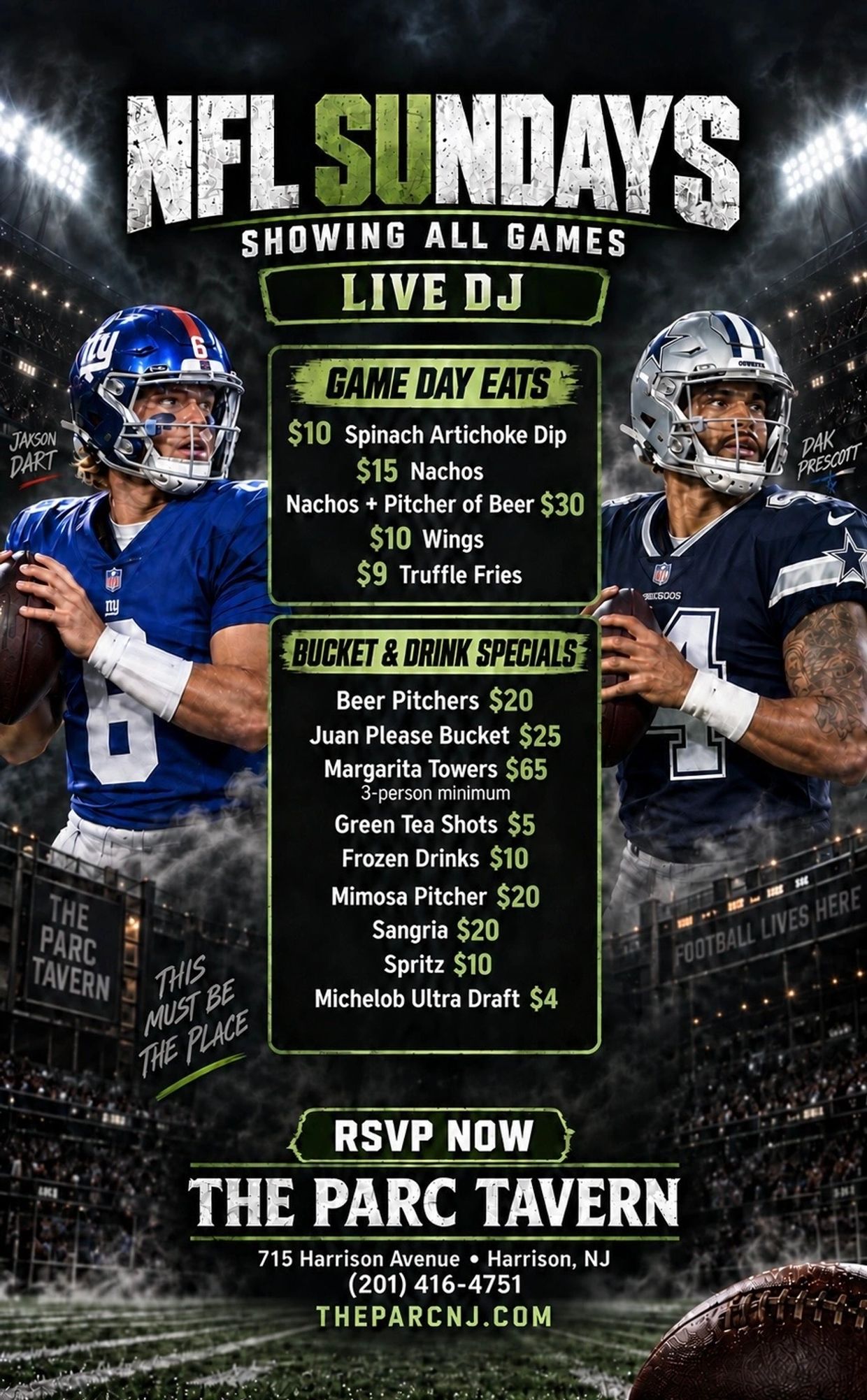 NFL Sundays event at The Parc Tavern with food and drink specials.