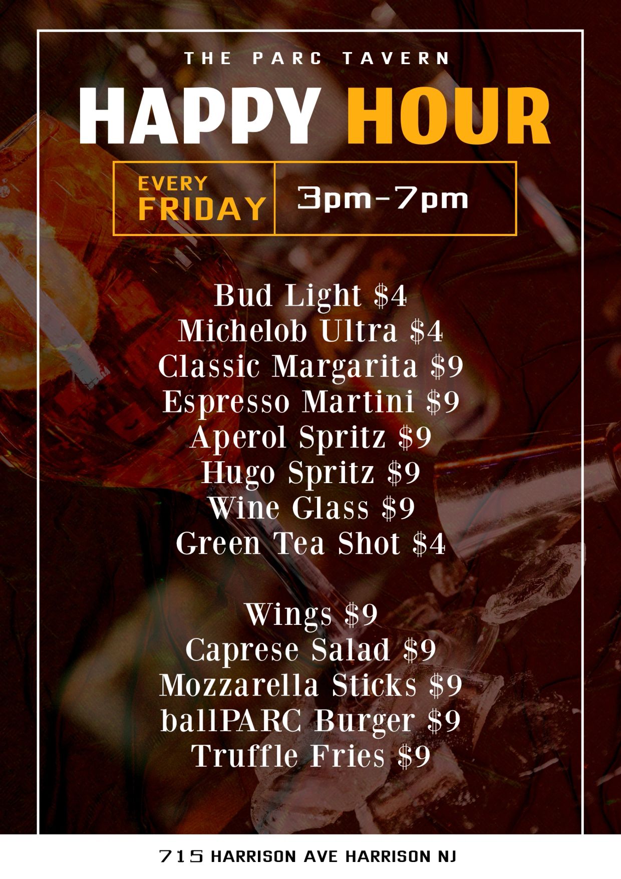 Happy Hour at The Parc Tavern every Friday from 3pm-7pm with drinks and food specials.