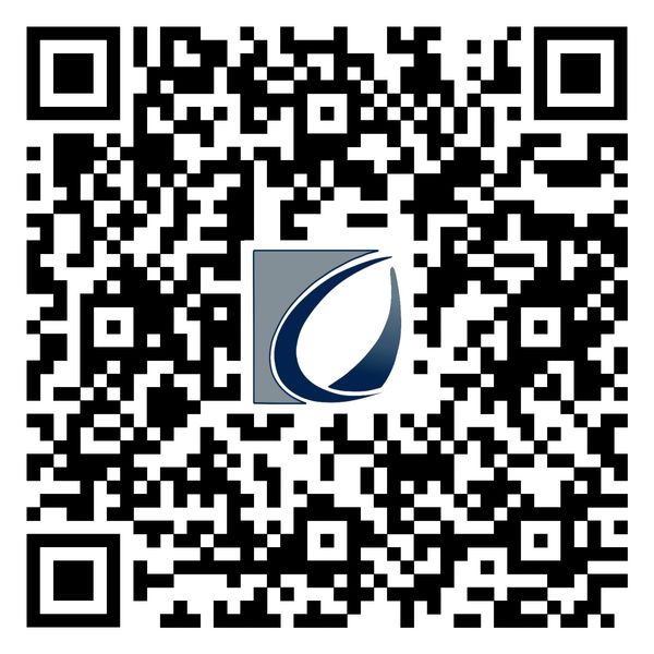 A QR code with a blue and gray logo in the center.