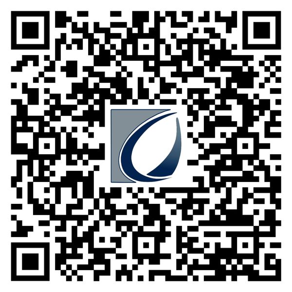 A QR code with a blue and gray sailboat logo in the center.
