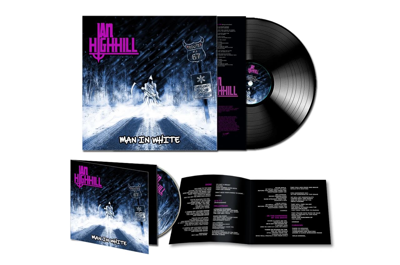 Ian Highhill's "Man in White" album shown as vinyl and CD with snowy cover art.