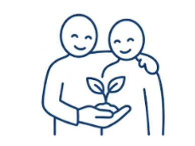 Two smiling figures sharing a small plant, symbolizing growth and support.
