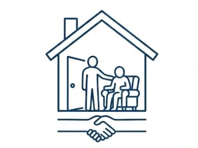Outline of caregiving at home with handshake symbolizing trust.