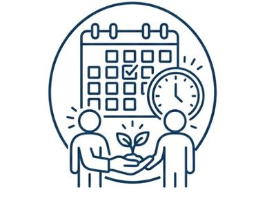 Two figures exchanging a plant with calendar and clock in the background.