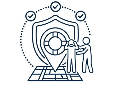 Illustration of a person being protected in a secure location with checkmarks.