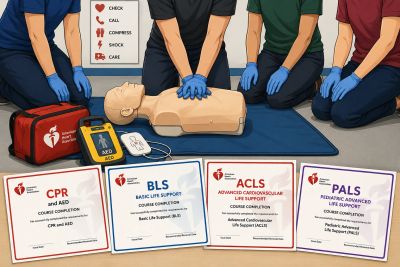 People practicing CPR and emergency cardiac care on a mannequin with medical training materials.