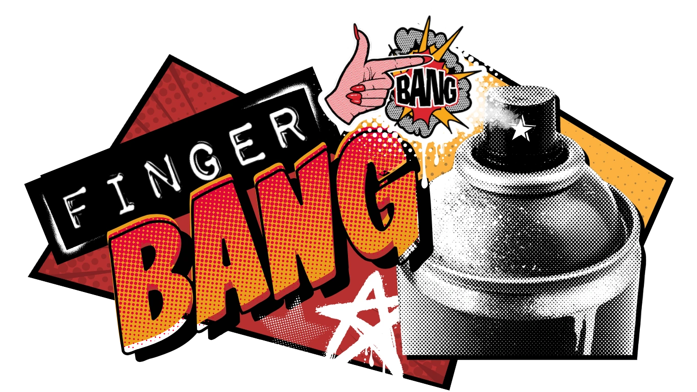 Pop art style graphic with the words "Finger Bang" and a spray paint can.