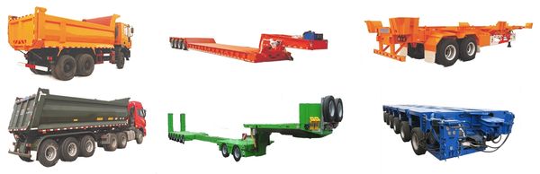 Six different heavy-duty trailers and trucks for transporting goods.