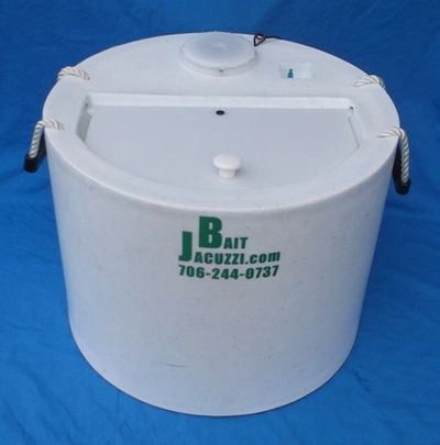 White cylindrical bait jacuzzi container with handles and a lid.