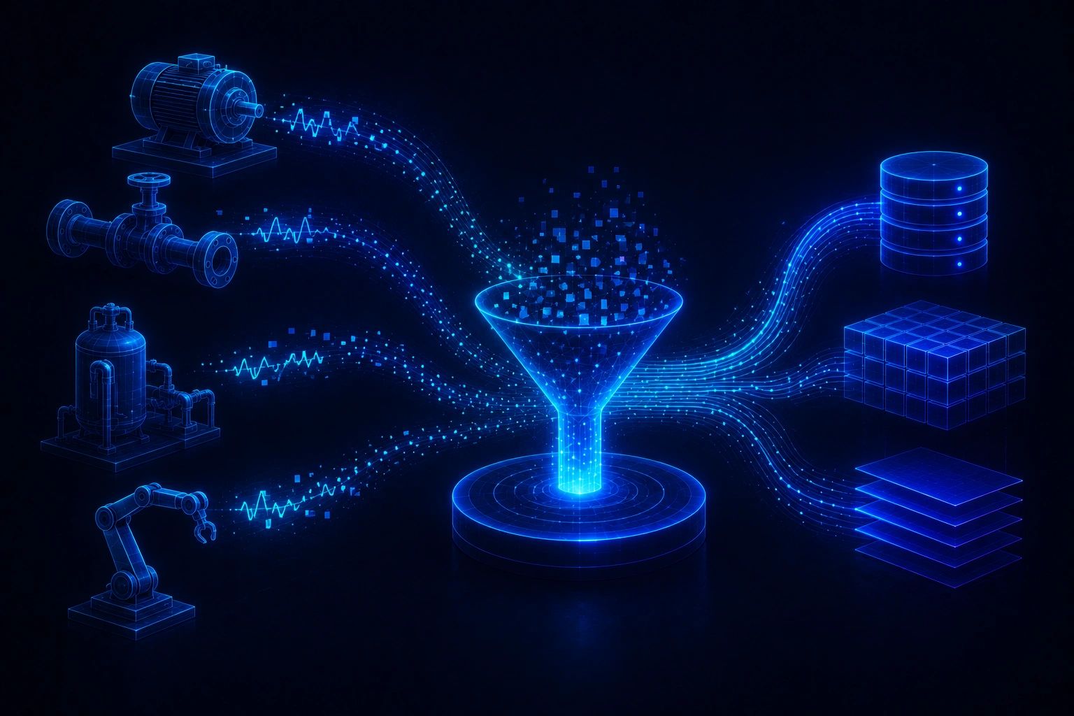 Digital data funneling from industrial machines to data storage and processing units.