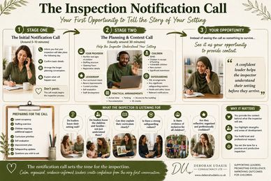 Infographic on inspection notification call process with stages and tips.