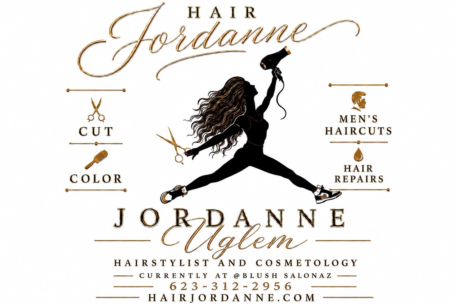 Logo for Hair Jordanne showcasing hair services with a dynamic silhouette of a hairstylist.
