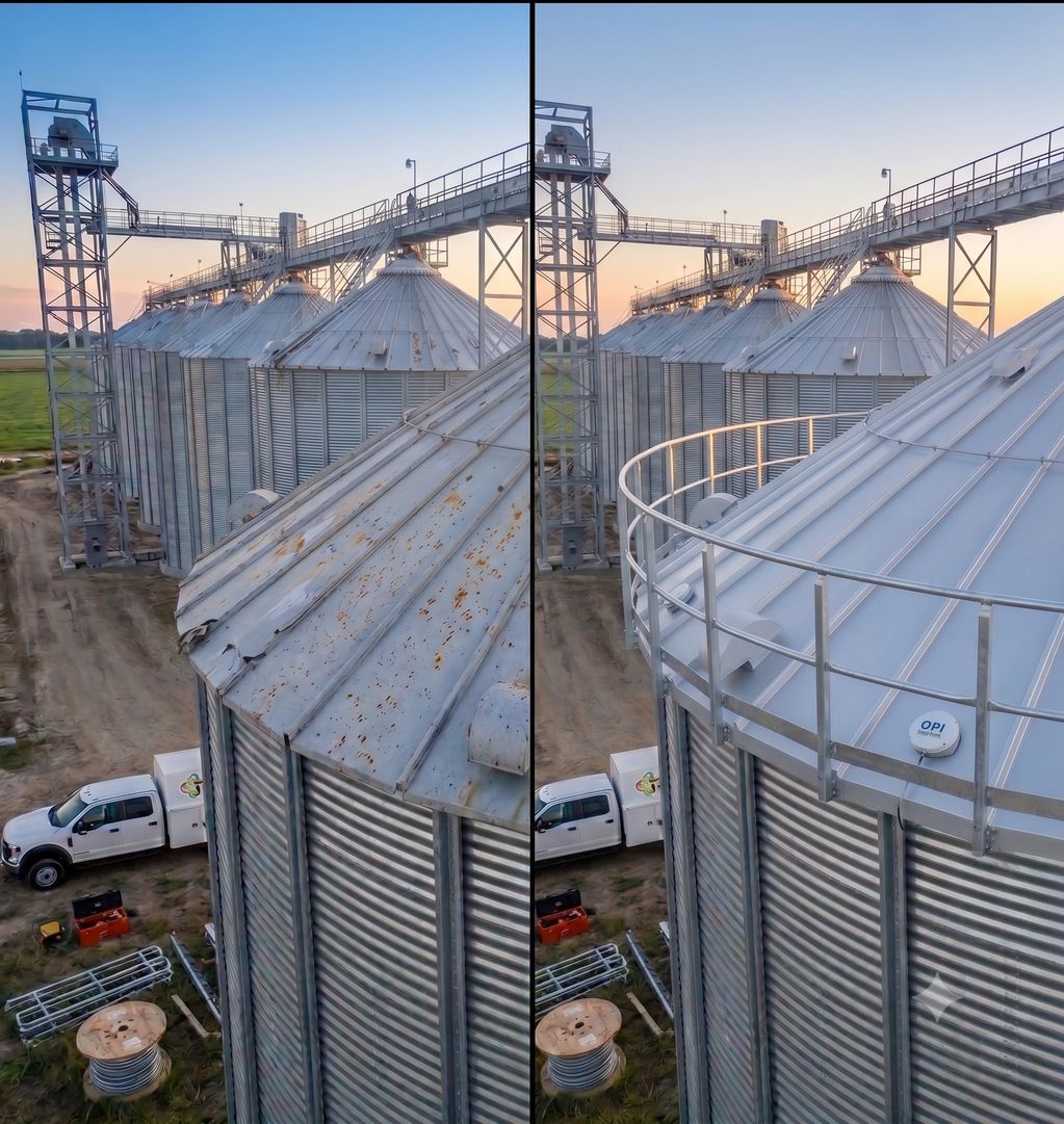 Side-by-side comparison of old rusty and newly renovated metal silos at sunset.