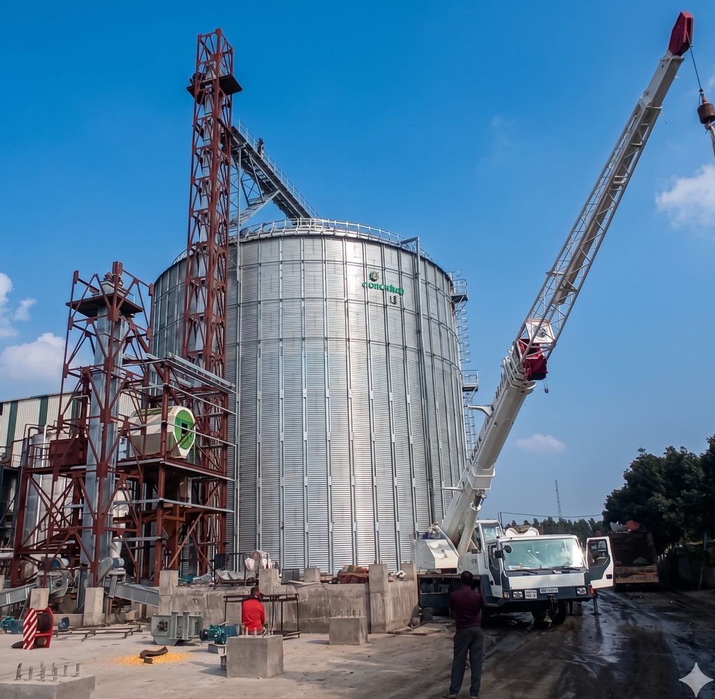 Active silo project execution by Brag Systems, utilizing a mobile crane for heavy lifting and installation at a grain storage facility.
