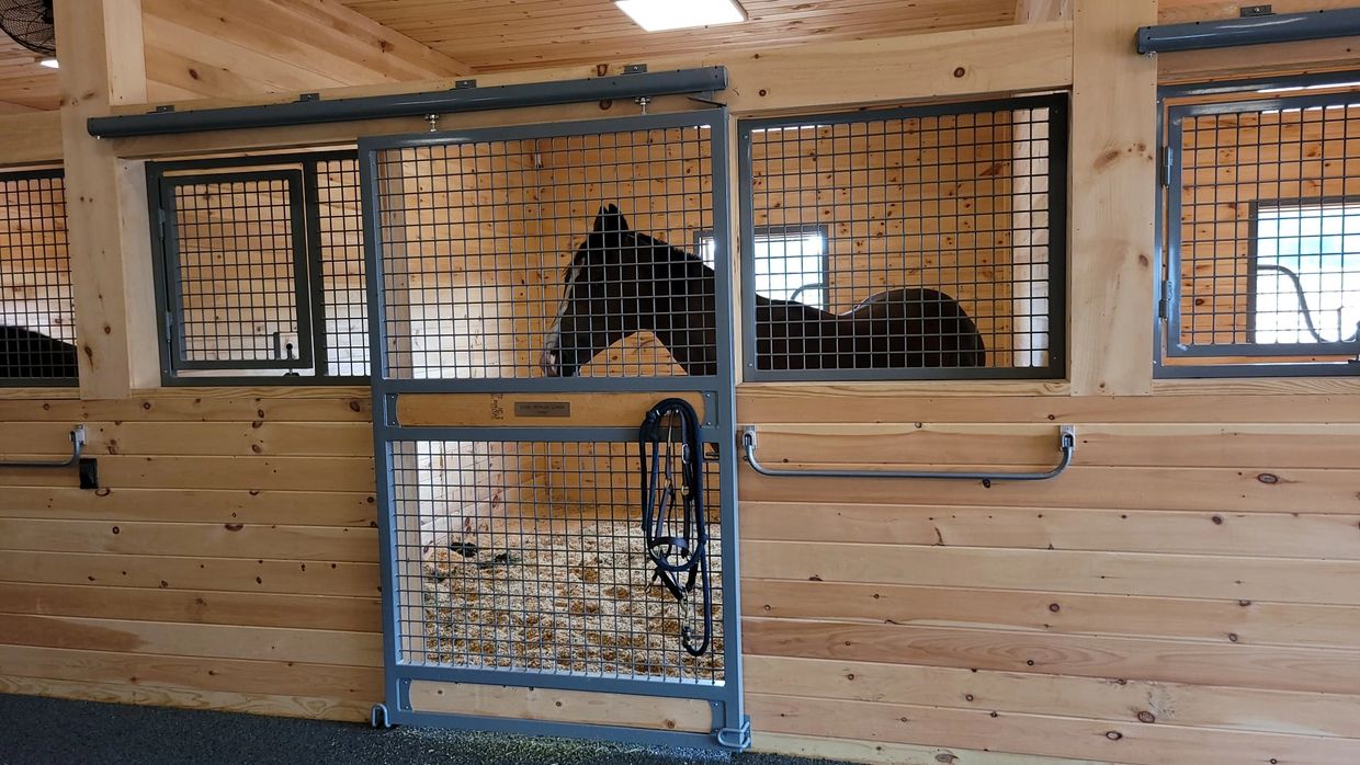 Horse inside a wooden stable with metal grates.