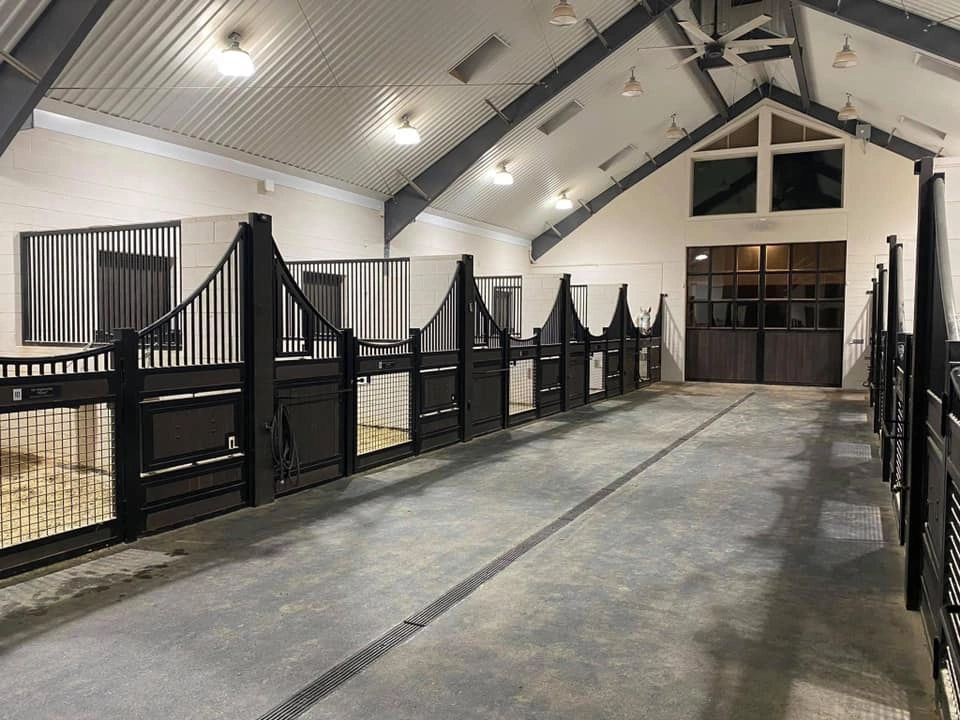 Modern horse stable interior with black and white stalls.