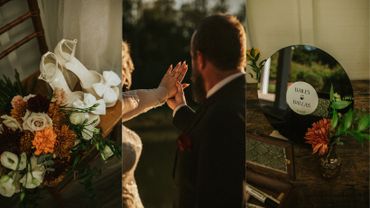 Wedding details and a couple's joyful moment of showing their rings.