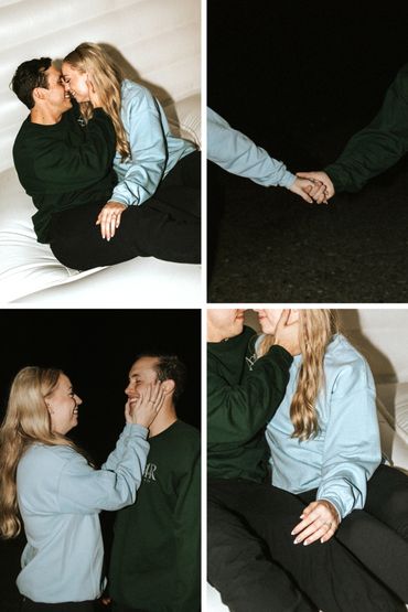 A couple sharing intimate moments, holding hands and smiling warmly at each other.