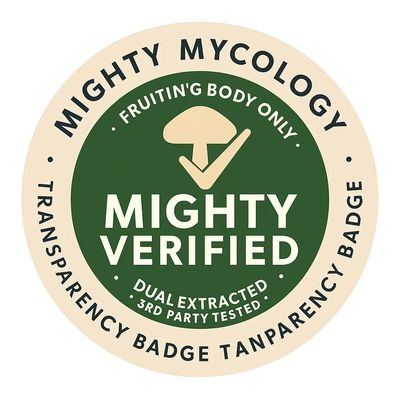 Mighty Mycology verified badge for fruiting body only, dual extracted, and third-party tested products.
