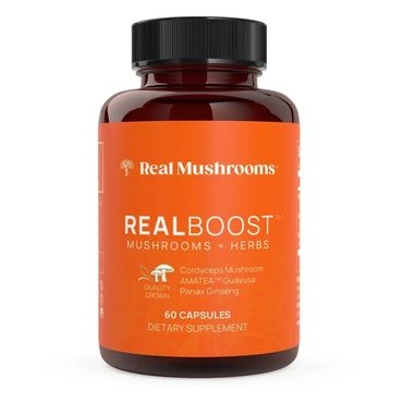 Real Mushrooms RealBoost is a clean‑label adaptogenic blend of Cordyceps, Guayusa, and Ginseng. 