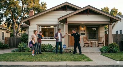 Police officer talking to a family outside their house during sunset.
