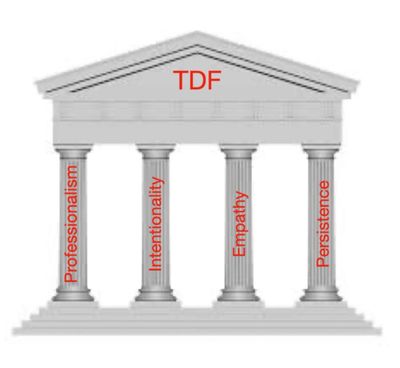 A temple with four pillars labeled Professionalism, Intentionality, Empathy, Persistence under TDF.
