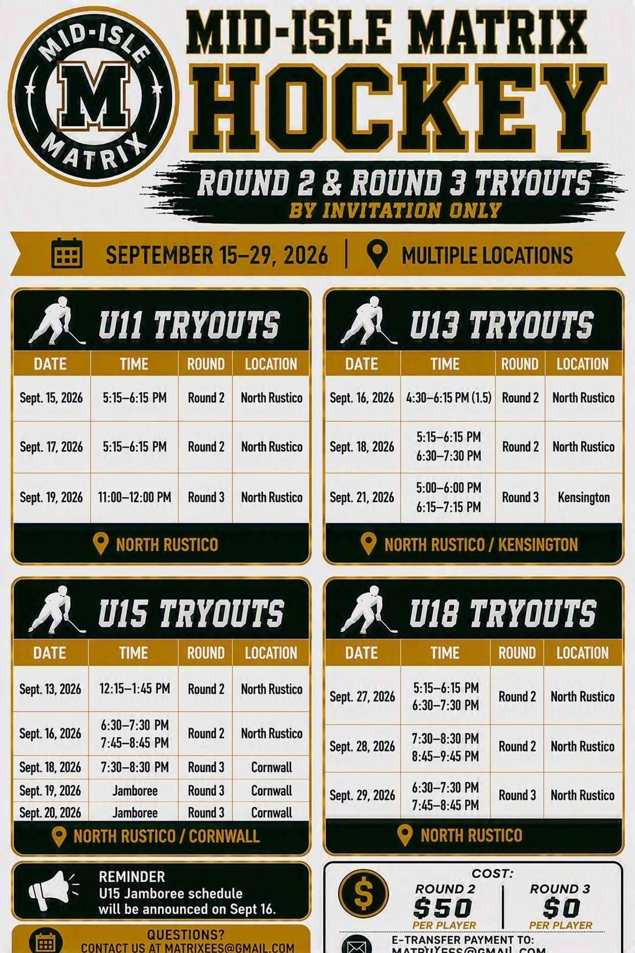 Mid-Isle Matrix Hockey round 2 and 3 tryouts schedule and details.