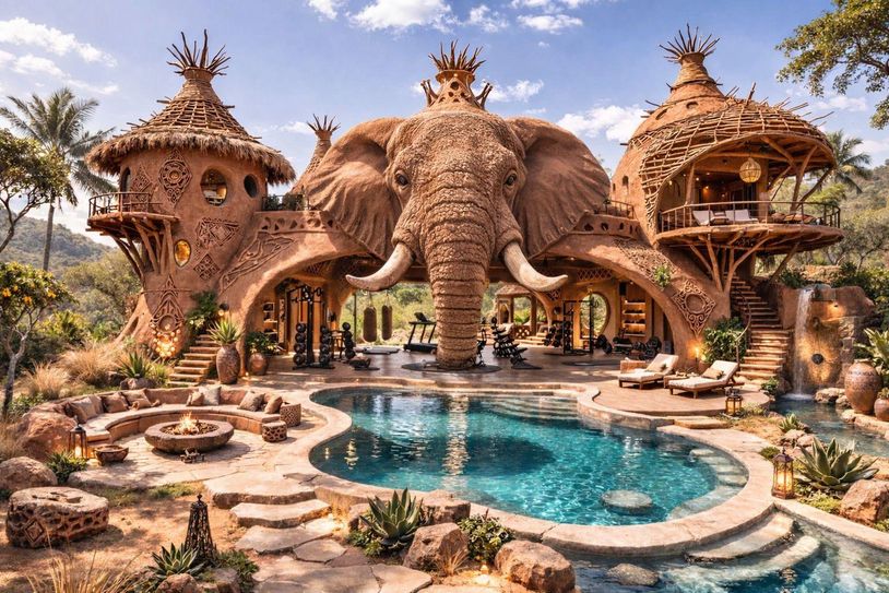 Unique resort with elephant-shaped architecture and a pool in a natural setting.