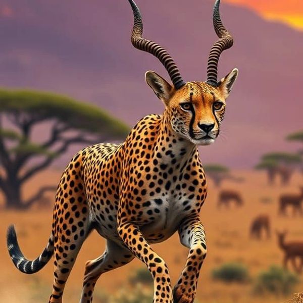 A cheetah with long, curved antelope-like horns in a savannah setting at sunset.