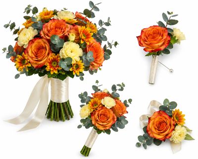 Orange and cream floral bouquet with matching boutonnieres and corsages.