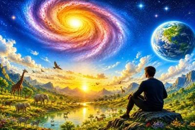 A man observing an incredible cosmic and natural scene.
