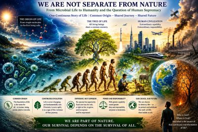 Illustration showing evolution, human impact, and nature's connection.