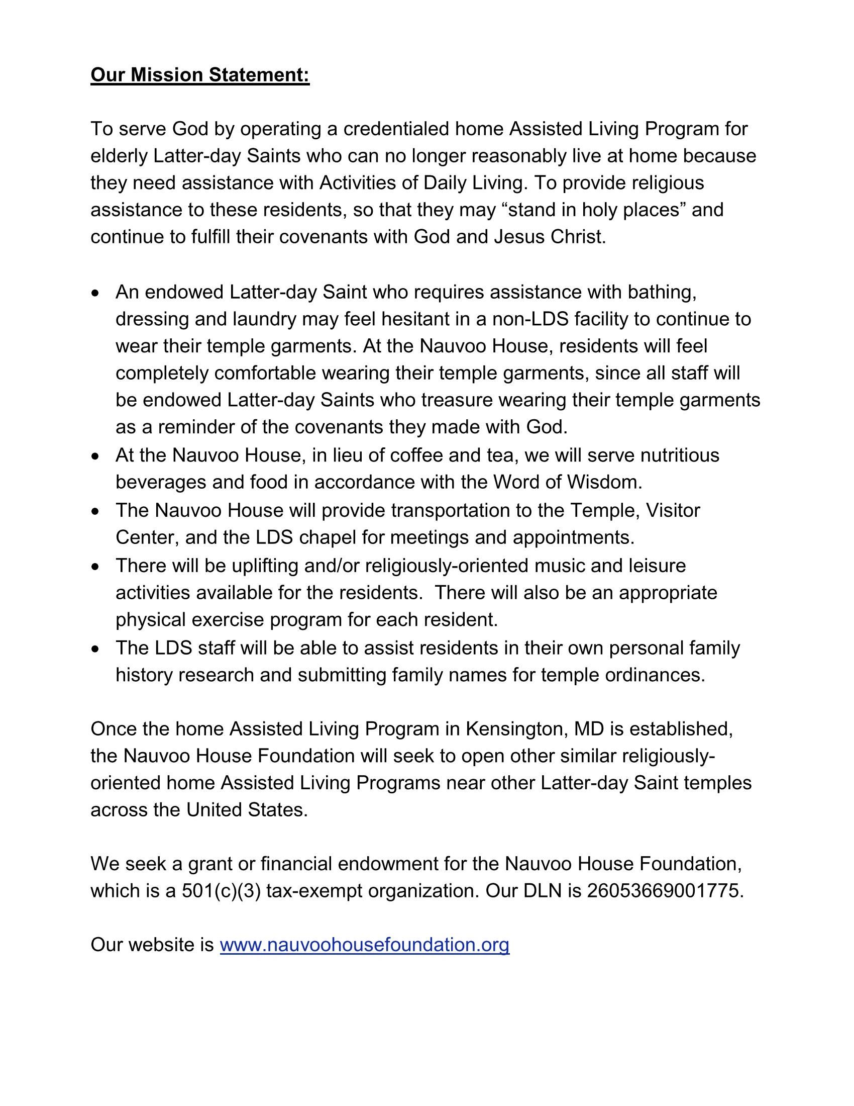 Mission statement of a home Assisted Living Program for elderly Latter-day Saints by Nauvoo House Foundation.