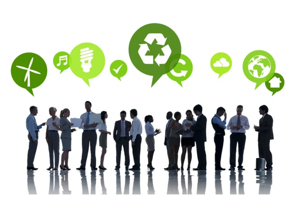 corporate employees graphic with speech bubbles highlighting sustainability issues