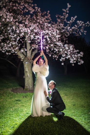 Pink haired bride and groom reenact the movie poster for Star Wars at the Brooklyn Botanical Gardens